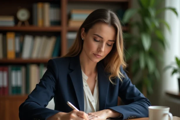 Femme professionnelle rédigeant une lettre de remerciement manuscrite à son bureau avec un stylo plume