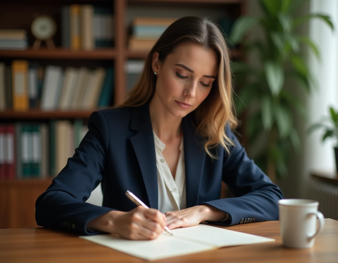 Femme professionnelle rédigeant une lettre de remerciement manuscrite à son bureau avec un stylo plume