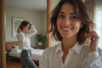 Femme confiante ajustant ses cheveux dans un miroir
