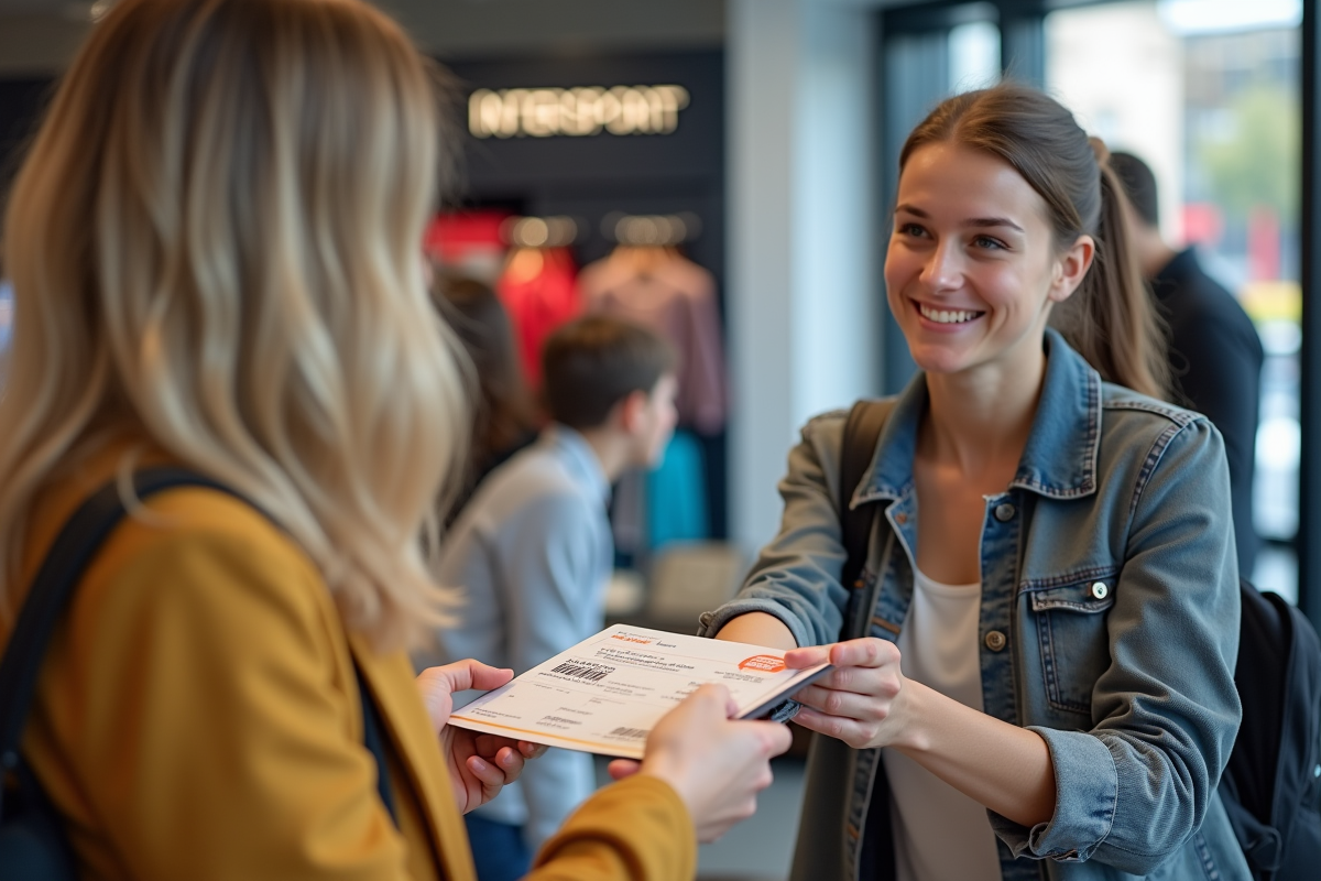Jeune femme souriante remettant des chèques vacances à la caisse