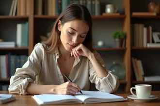 Femme révisant les règles de grammaire française dans un carnet de notes posé sur un bureau en bois