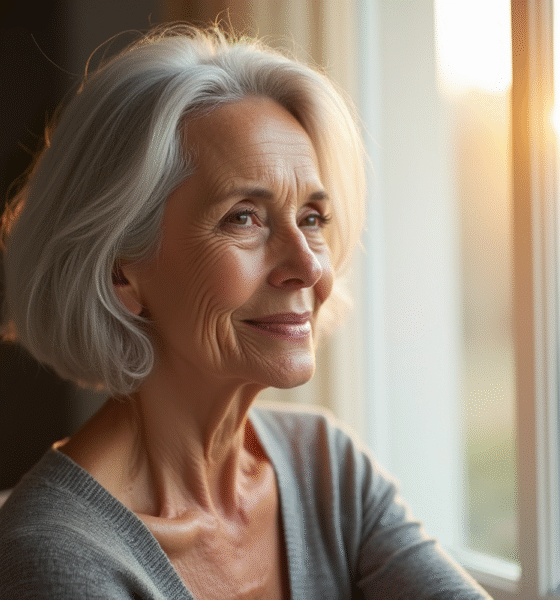 Femme senior élégante avec cheveux gris clair par la fenêtre