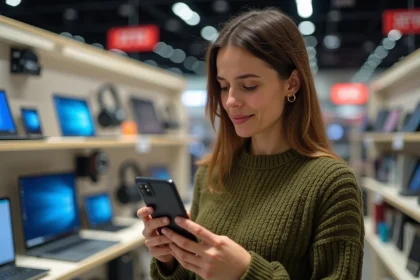 Femme évaluant un smartphone dans un magasin high-tech avant le Black Friday 2026