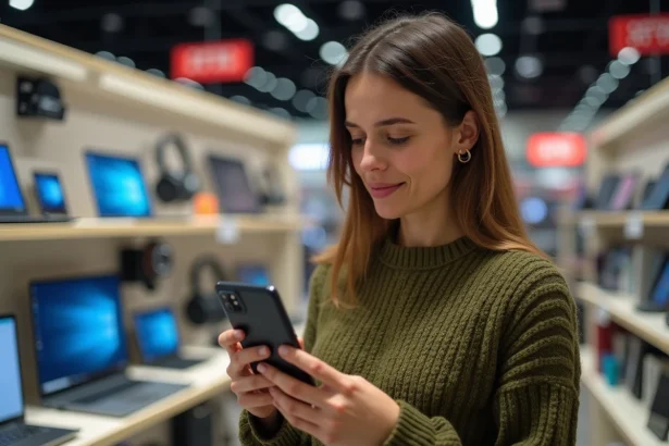 Femme évaluant un smartphone dans un magasin high-tech avant le Black Friday 2026