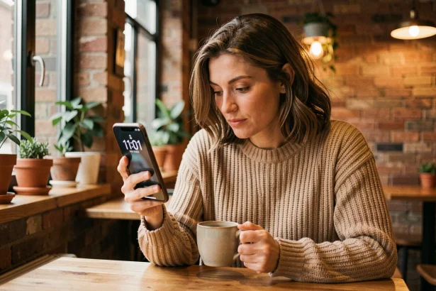 Femme contemplant les synchronicités du 11h01 sur son téléphone dans un café urbain
