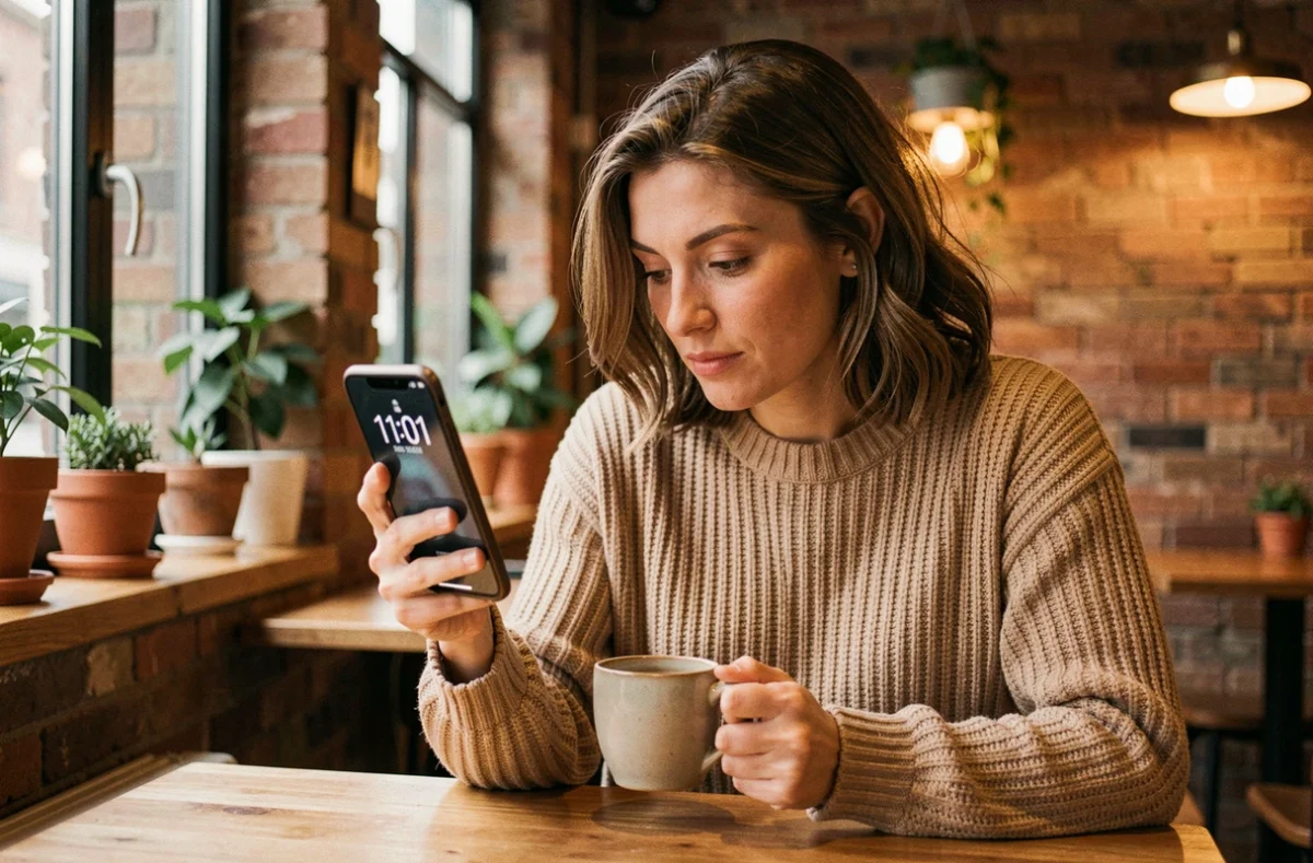 Femme contemplant les synchronicités du 11h01 sur son téléphone dans un café urbain