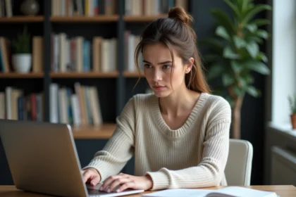 Femme concentrée travaillant sur son ordinateur dans un bureau à domicile