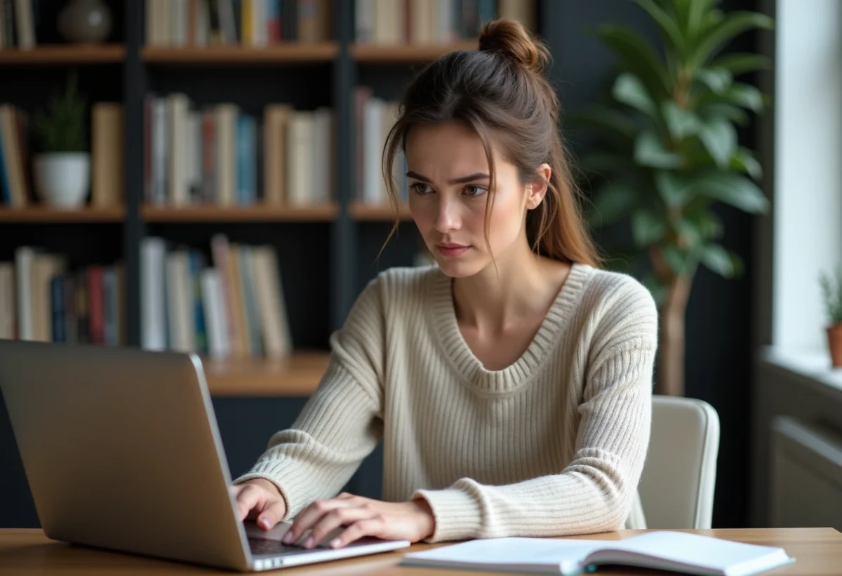 Femme concentrée travaillant sur son ordinateur dans un bureau à domicile