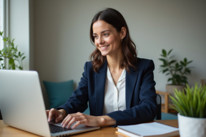 Femme en bureau à domicile travaillant sur un ordinateur portable