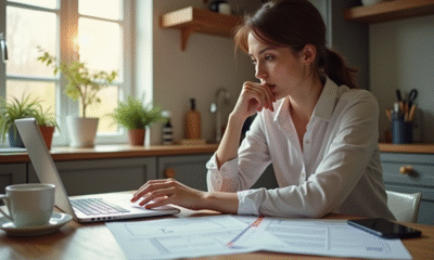 Femme concentrée travaillant à la maison avec documents et ordinateur