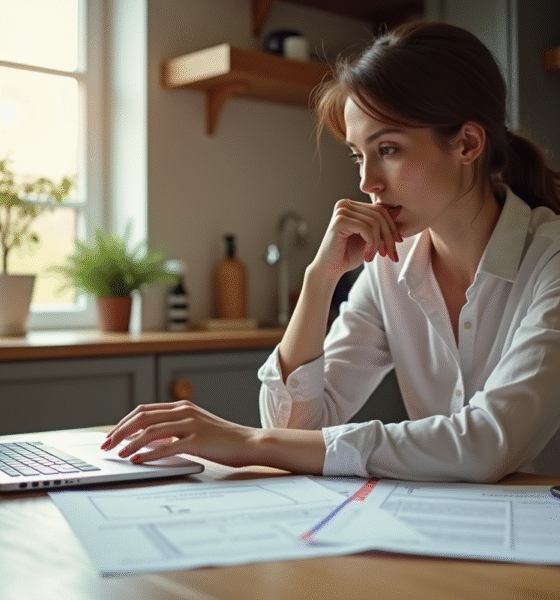 Femme concentrée travaillant à la maison avec documents et ordinateur
