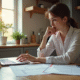Femme concentrée travaillant à la maison avec documents et ordinateur