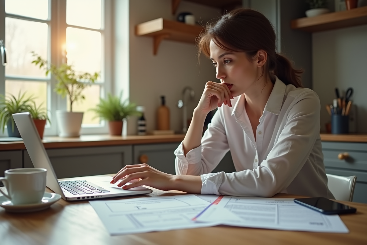 Femme concentrée travaillant à la maison avec documents et ordinateur