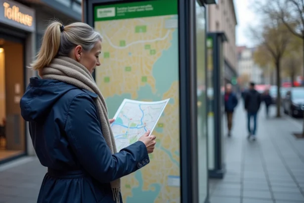 Femme examinant une carte du métro de Toulouse en extérieur