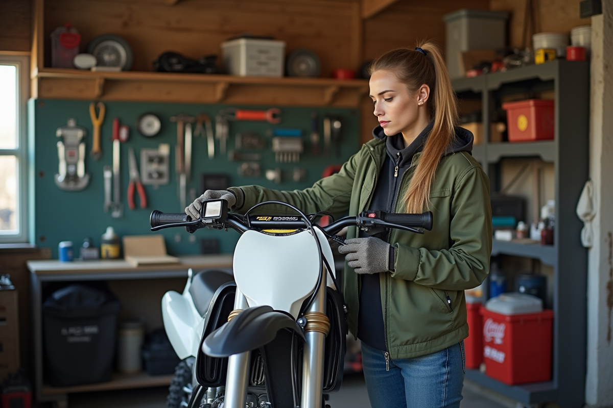 Femme inspectant le filtre à air de sa moto dans le garage