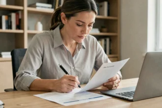 Femme vérifiant un modèle de bulletin de vote imprimé à son bureau avec un stylo à la main