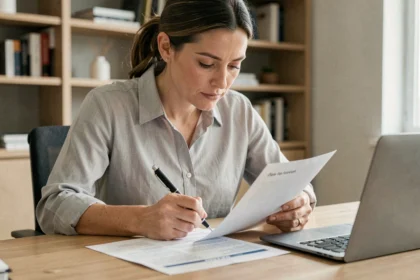 Femme vérifiant un modèle de bulletin de vote imprimé à son bureau avec un stylo à la main
