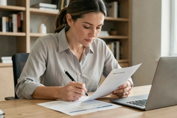 Femme vérifiant un modèle de bulletin de vote imprimé à son bureau avec un stylo à la main