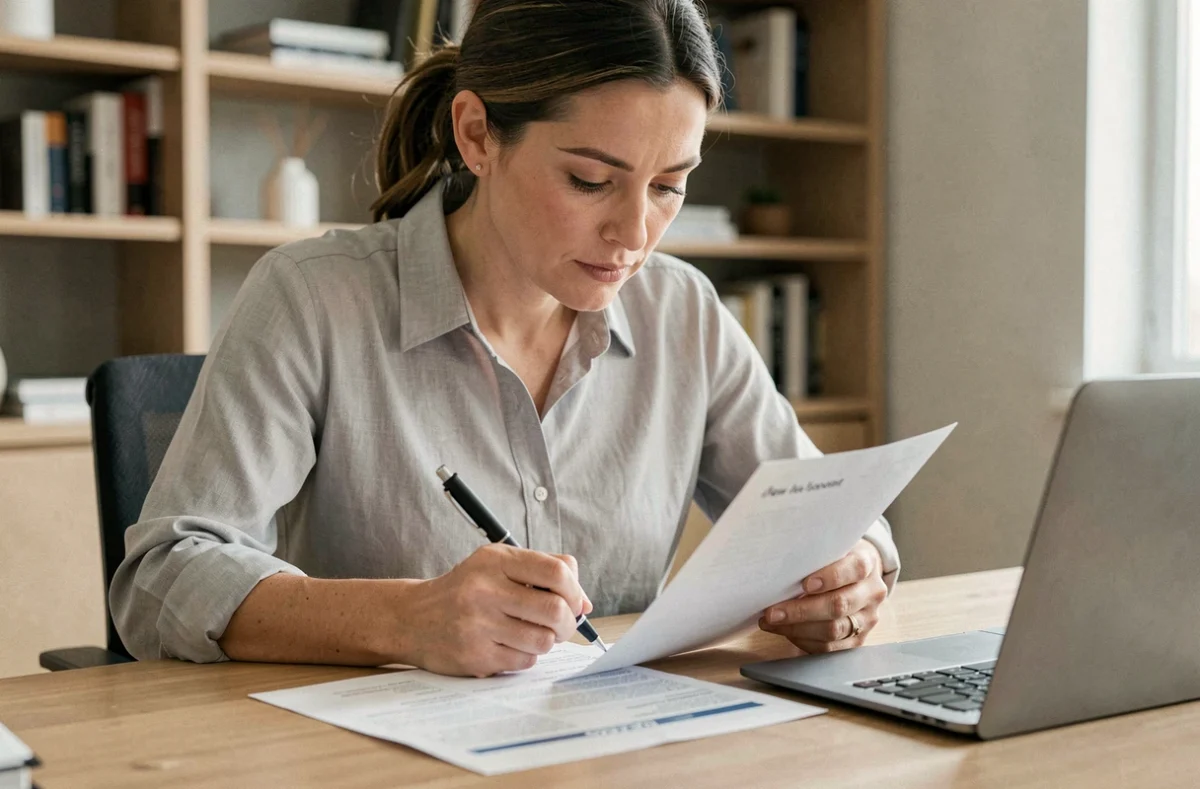 Femme vérifiant un modèle de bulletin de vote imprimé à son bureau avec un stylo à la main