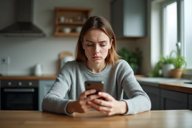 Femme inquiète vérifiant un numéro surtaxé inconnu sur son smartphone dans une cuisine moderne