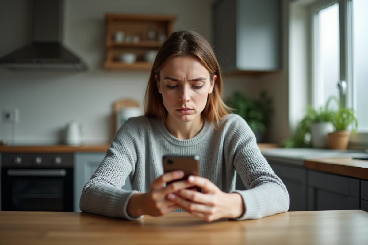 Femme inquiète vérifiant un numéro surtaxé inconnu sur son smartphone dans une cuisine moderne