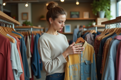 Femme examinant un t-shirt vintage dans une boutique de thrift