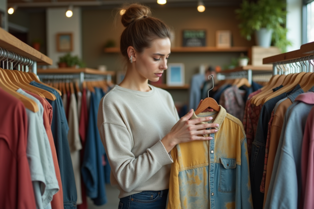 Femme examinant un t-shirt vintage dans une boutique de thrift
