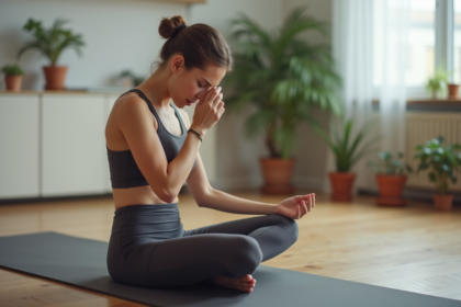 Femme en yoga méditation avec larme dans un studio calme