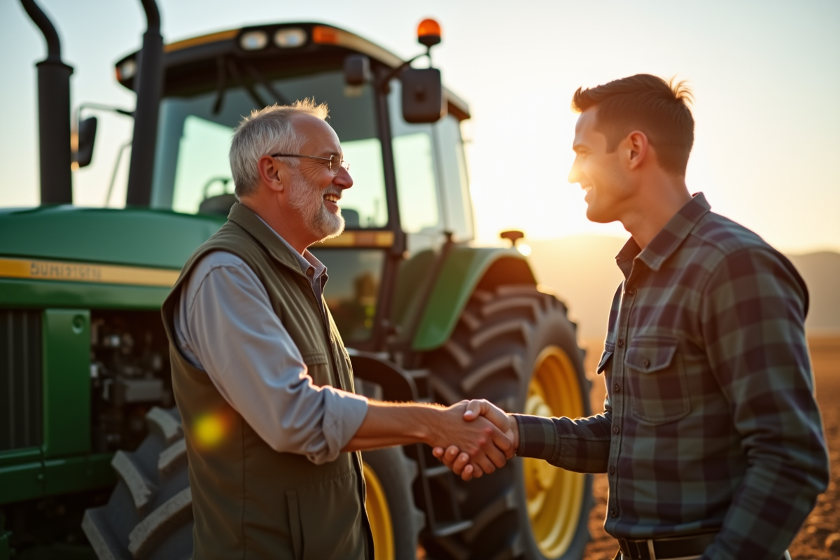 Ferme et souriant avec un tracteur lors d