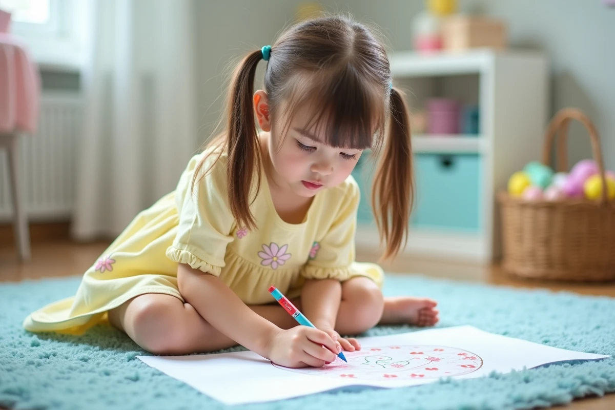 Petite fille coloriante un dessin d'œuf de Pâques sur un tapis bleu dans une salle de jeux