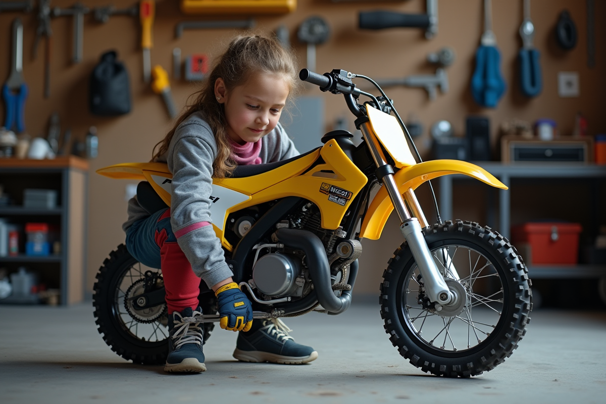 Fille de 10 ans ajuste son mini dirt bike