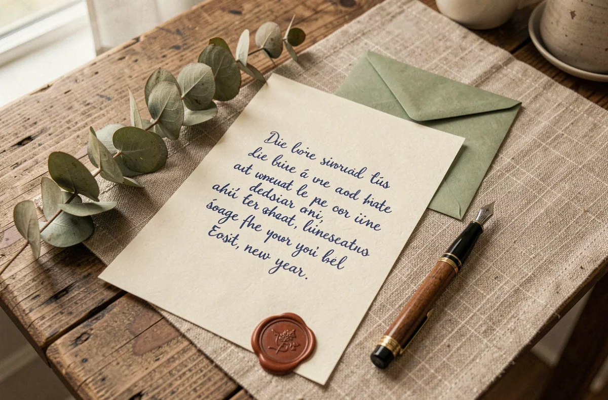 Flat lay artistique d'une carte de poème bilingue français-anglais avec plume, sceau de cire et décoration végétale pour vœux du nouvel an