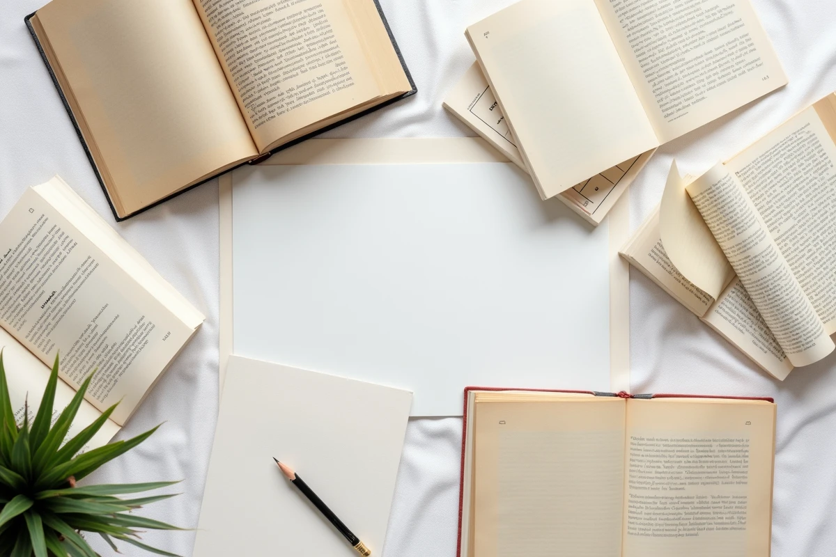 Comparaison à plat de différents formats de livres pour l'autoédition avec notes manuscrites et outils typographiques