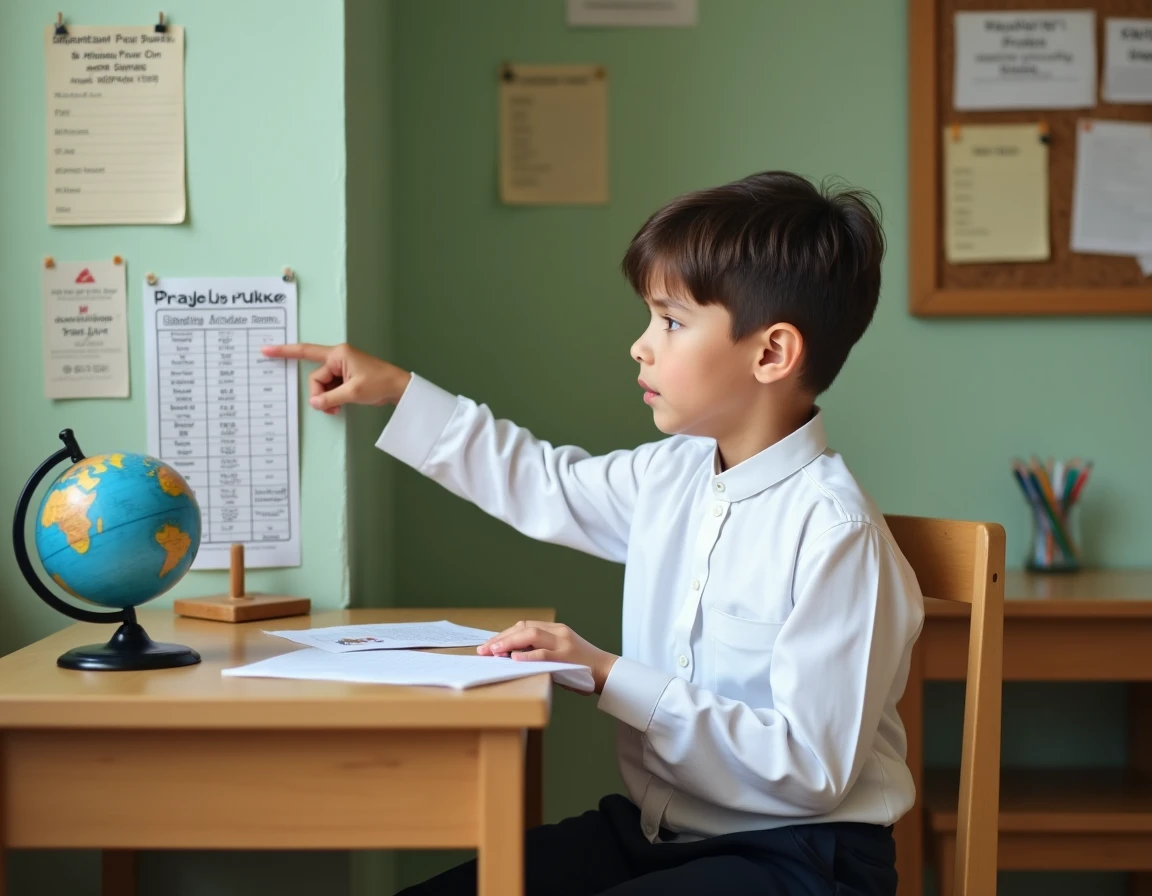 Jeune garçon en qamis blanc montrant un tableau des horaires de prière affiché dans son espace d'étude