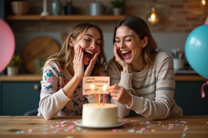 Deux amies trentenaires éclatant de rire ensemble lors d'un anniversaire avec une carte humoristique et un gâteau maison