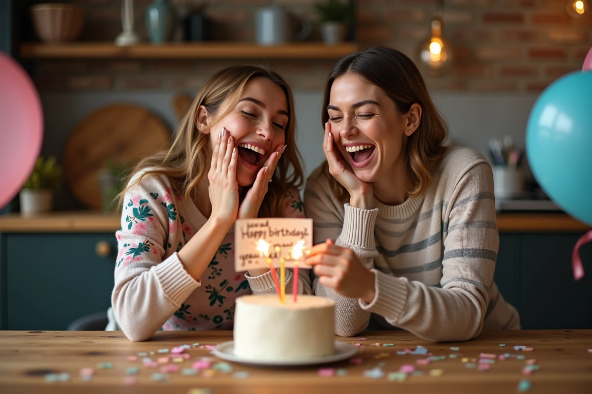 Deux amies trentenaires éclatant de rire ensemble lors d'un anniversaire avec une carte humoristique et un gâteau maison