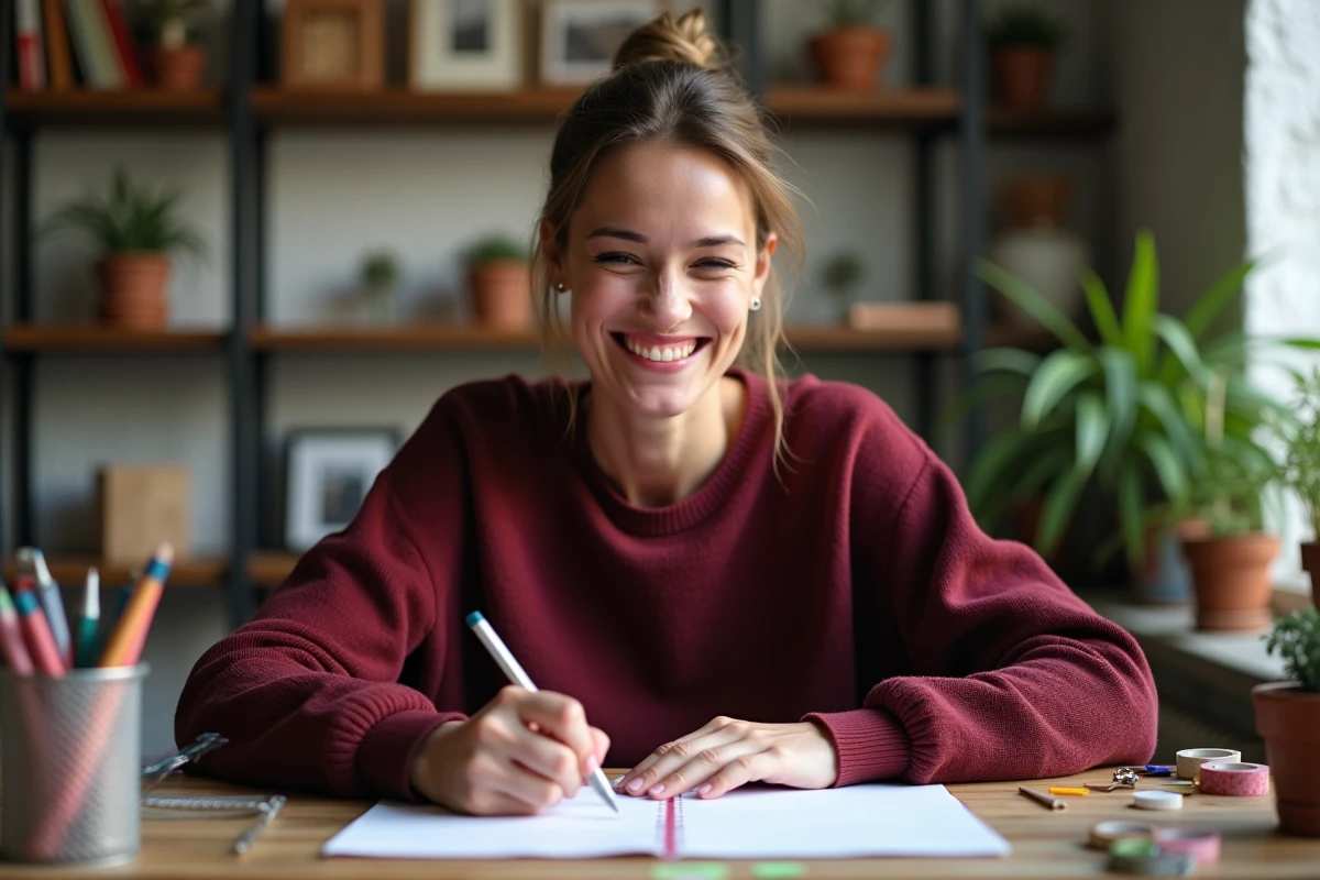 Femme quadragénaire souriante en train d'écrire un message d'anniversaire humoristique dans une carte pour sa meilleure amie