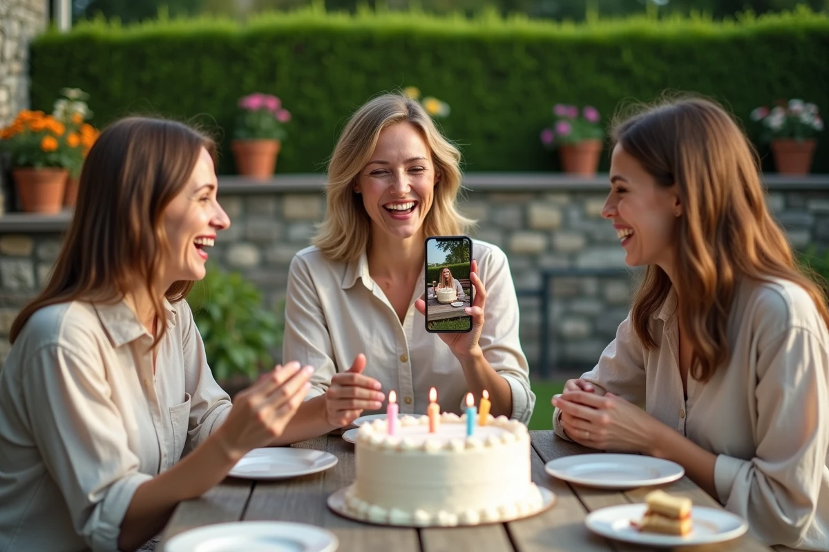 Groupe de trois amies trentenaires réunies dans un jardin autour d'un gâteau d'anniversaire en regardant un GIF humoristique sur un téléphone