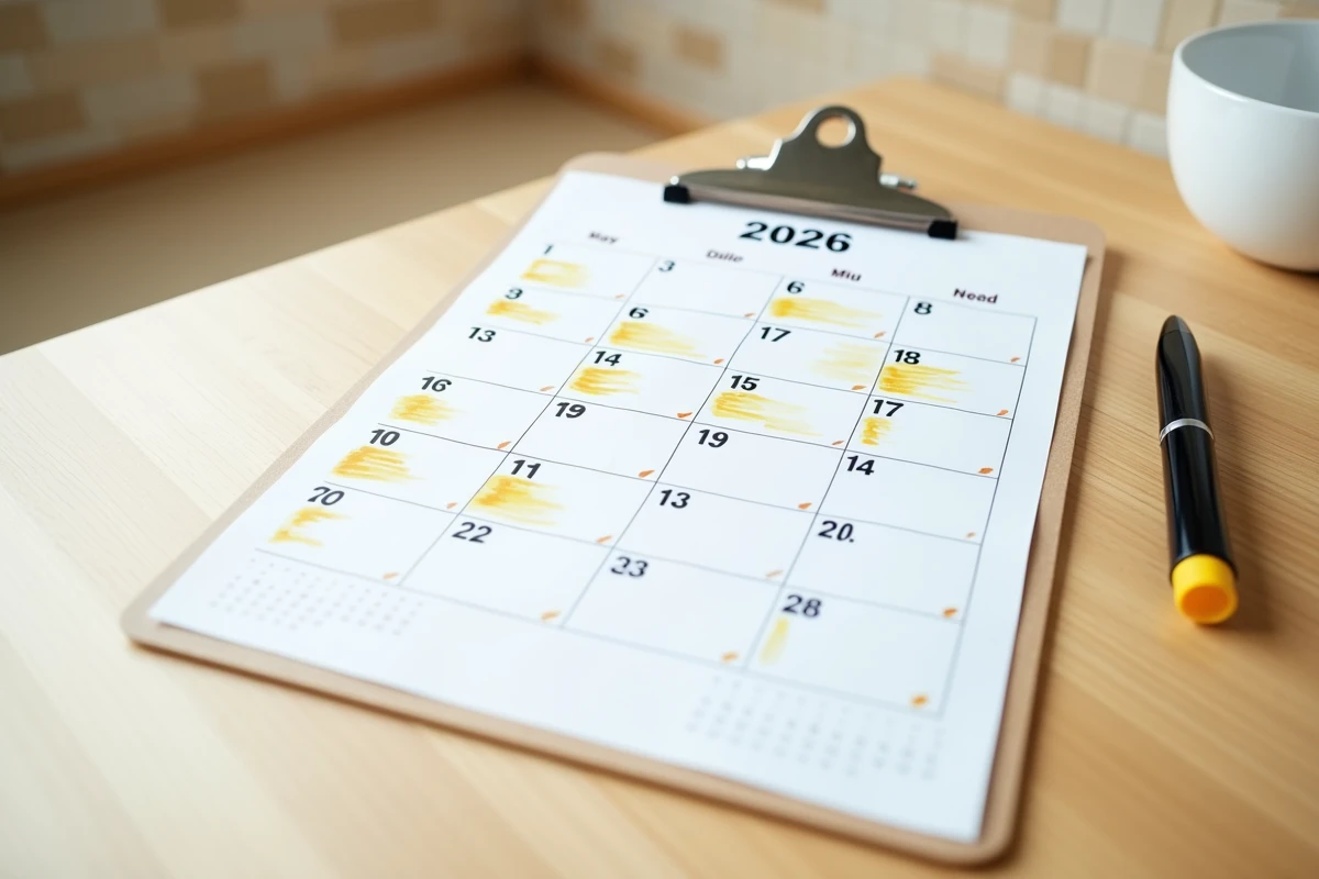 Gros plan d'un calendrier 2026 sur clipboard avec les semaines impaires surlignées en jaune sur une table en bois