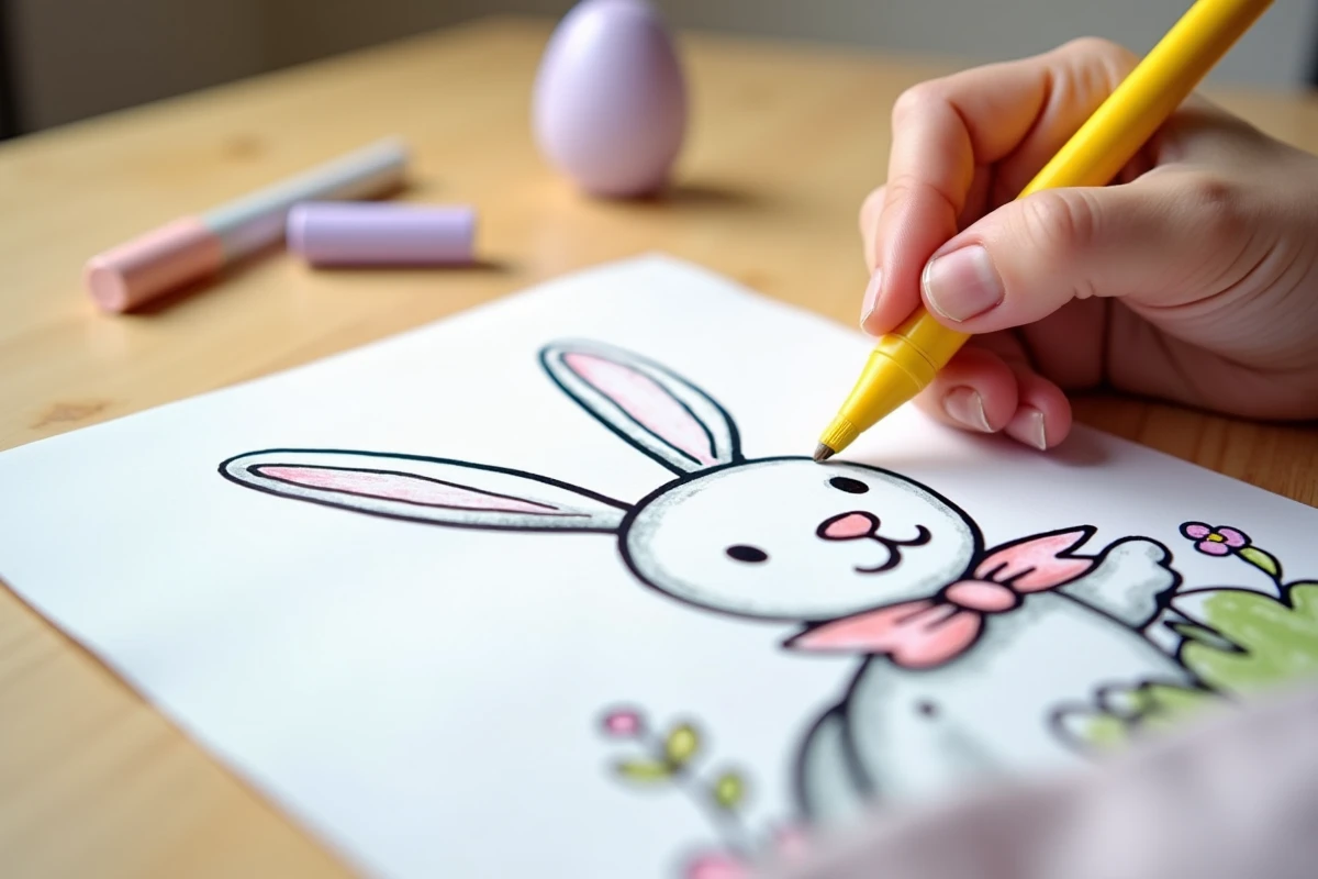 Gros plan d'un coloriage de lapin de Pâques avec un marqueur jaune et un œuf en céramique lavande