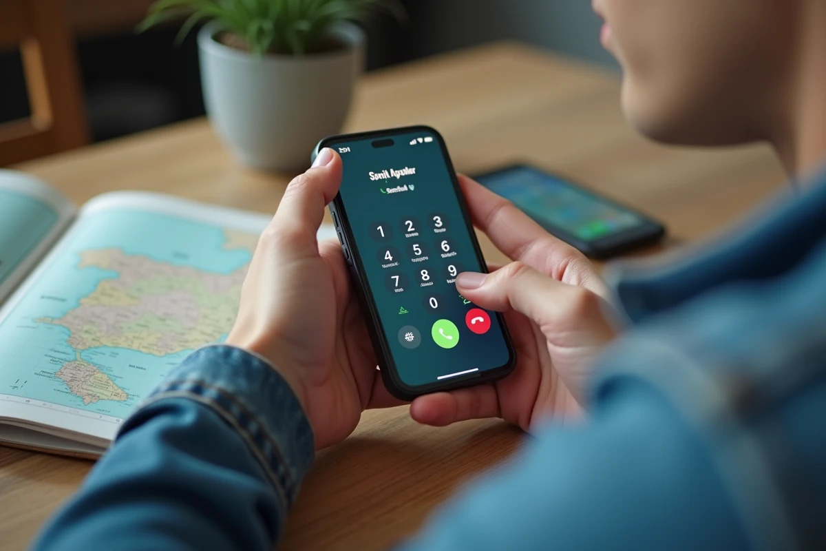 Gros plan sur des mains composant un numéro espagnol avec l'indicatif pays +34 sur smartphone