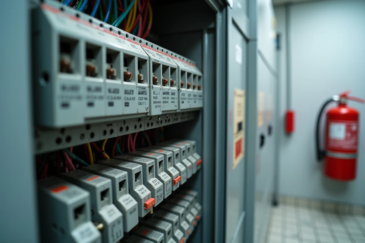 Gros plan sur les disjoncteurs triphasés calibrés dans un tableau de distribution électrique commercial