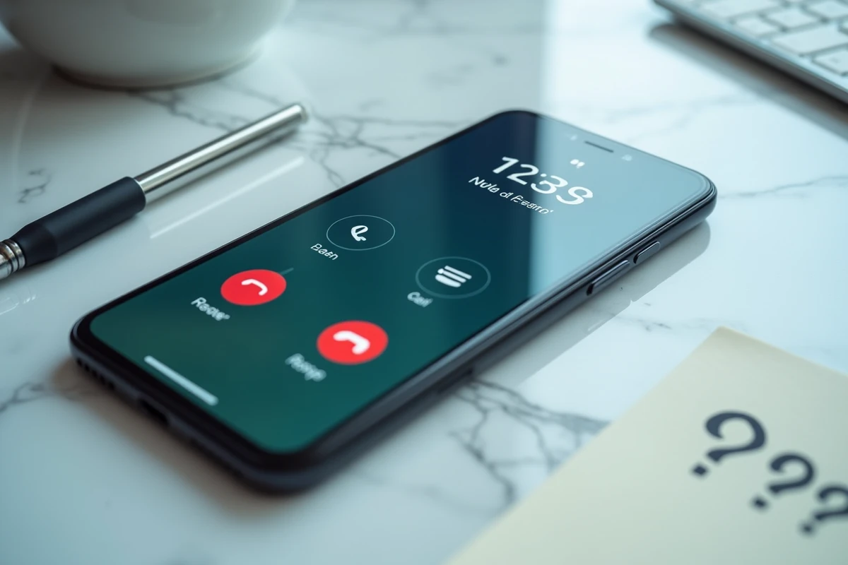 Gros plan d'un smartphone affichant un numéro surtaxé inconnu posé sur un comptoir en marbre blanc