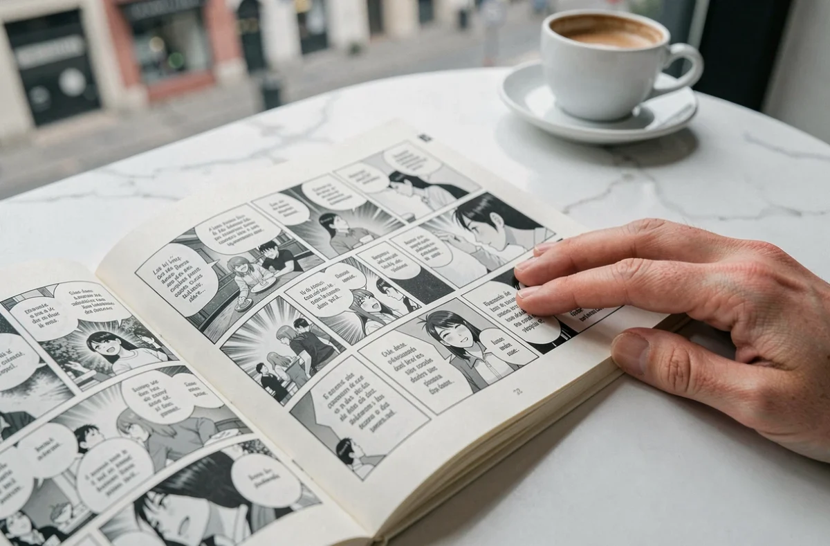Gros plan sur les pages d'un manga One Piece ouvert sur une table de café