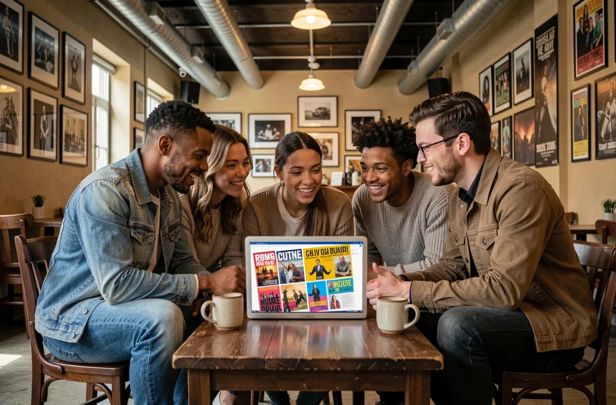 Groupe d'amis découvrant ensemble un magazine culturel digital sur ordinateur dans un café urbain