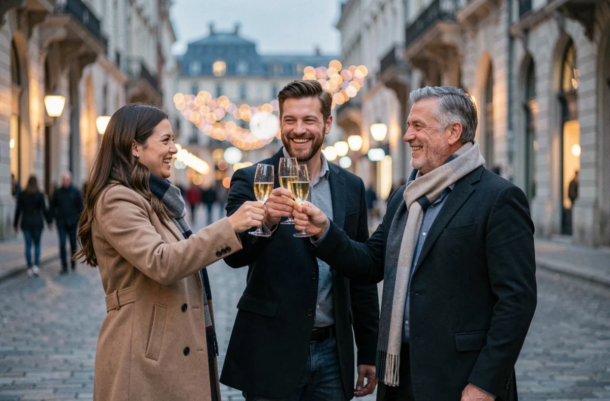Groupe multiculturel d'amis portant un toast au champagne en plein air pour célébrer le nouvel an avec des vœux internationaux