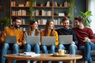 Groupe d'amis souriants dans un salon cosy avec livres et plantes