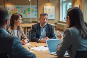 Groupe de professionnels en réunion de travail en bureau moderne