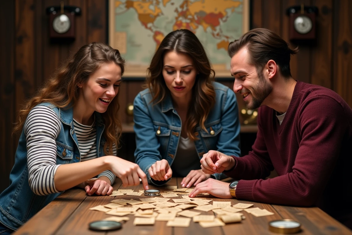 Groupe de joueurs collaborant autour d'une table pour résoudre les énigmes d'un escape room