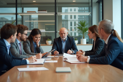 Groupe de professionnels en réunion dans un bureau moderne